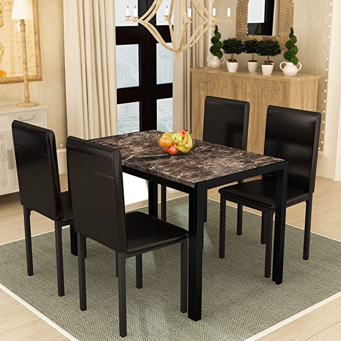 Recaceik Dining Table Set for 4, Kitchen Table and Chairs for 4, Faux Marble Kitchen Table Set with 4 Upholstered PU Leather Chairs, Dining Room Table Set for Kitchen Dining Room (Brown)