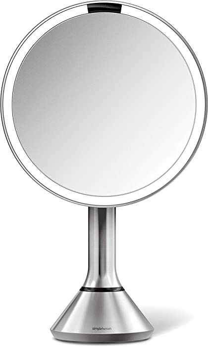 simplehuman 8" Round Sensor Makeup Mirror with Touch-Control Dual Light Settings, 5x Magnification, Rechargeable and Cordless, Brushed Stainless Steel