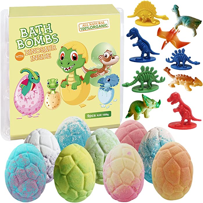 Dino Egg Bath Bomb Gift Set with Dinosaur Inside, 9 Pack Organic Bath Bombs with Surprise Inside, Handmade Fizzy Balls for Kids