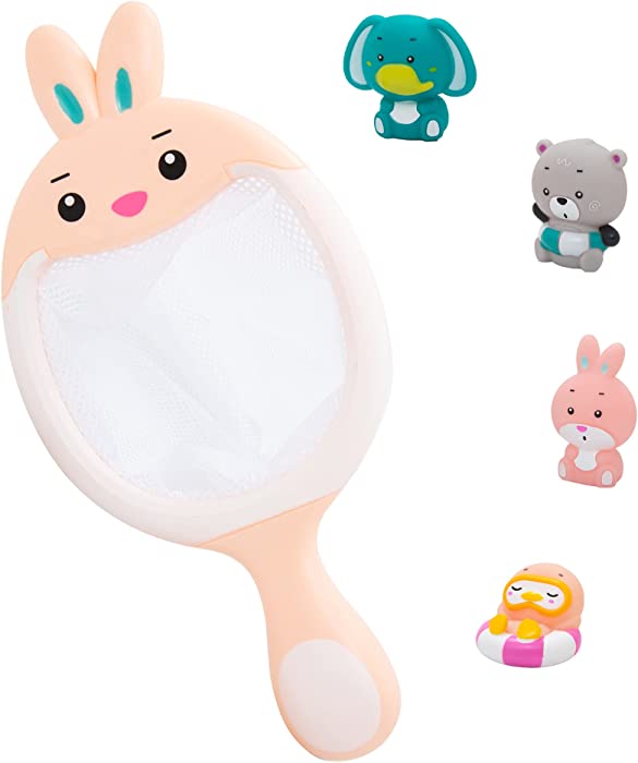 HO-EF Baby Bath Toys, 4 Pieces Floating Animals Toys with 1 Net, for Bathtub Shower Beach Swimming Pool Games Water Play Set Gift, for Infant Toddlers Kids Boys Girls Age1-3(Bunny)