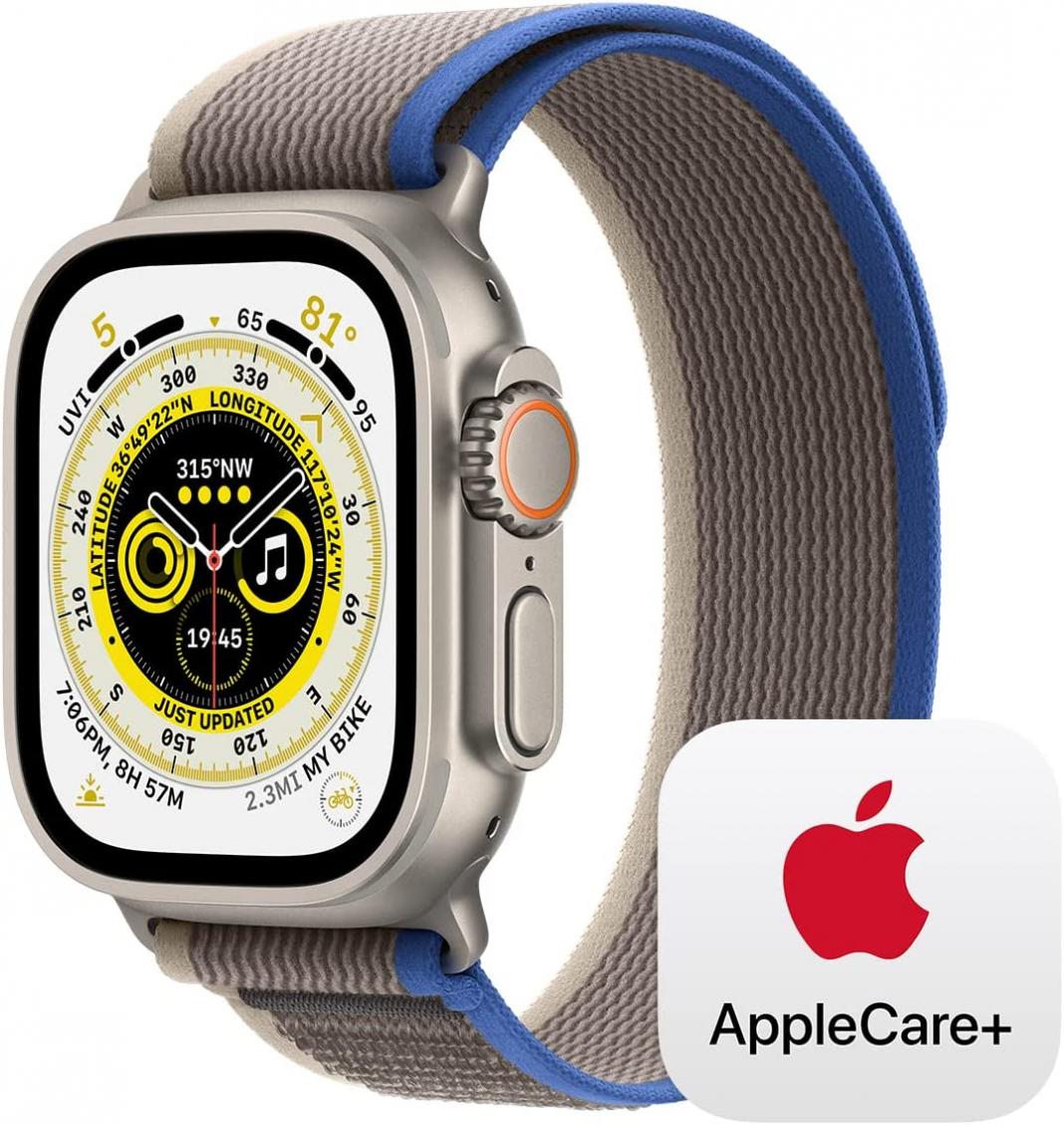 Apple Watch Ultra GPS + Cellular, 49mm Titanium Case with Blue/Grey Trail Loop - M/L with AppleCare+ (2 Years)
