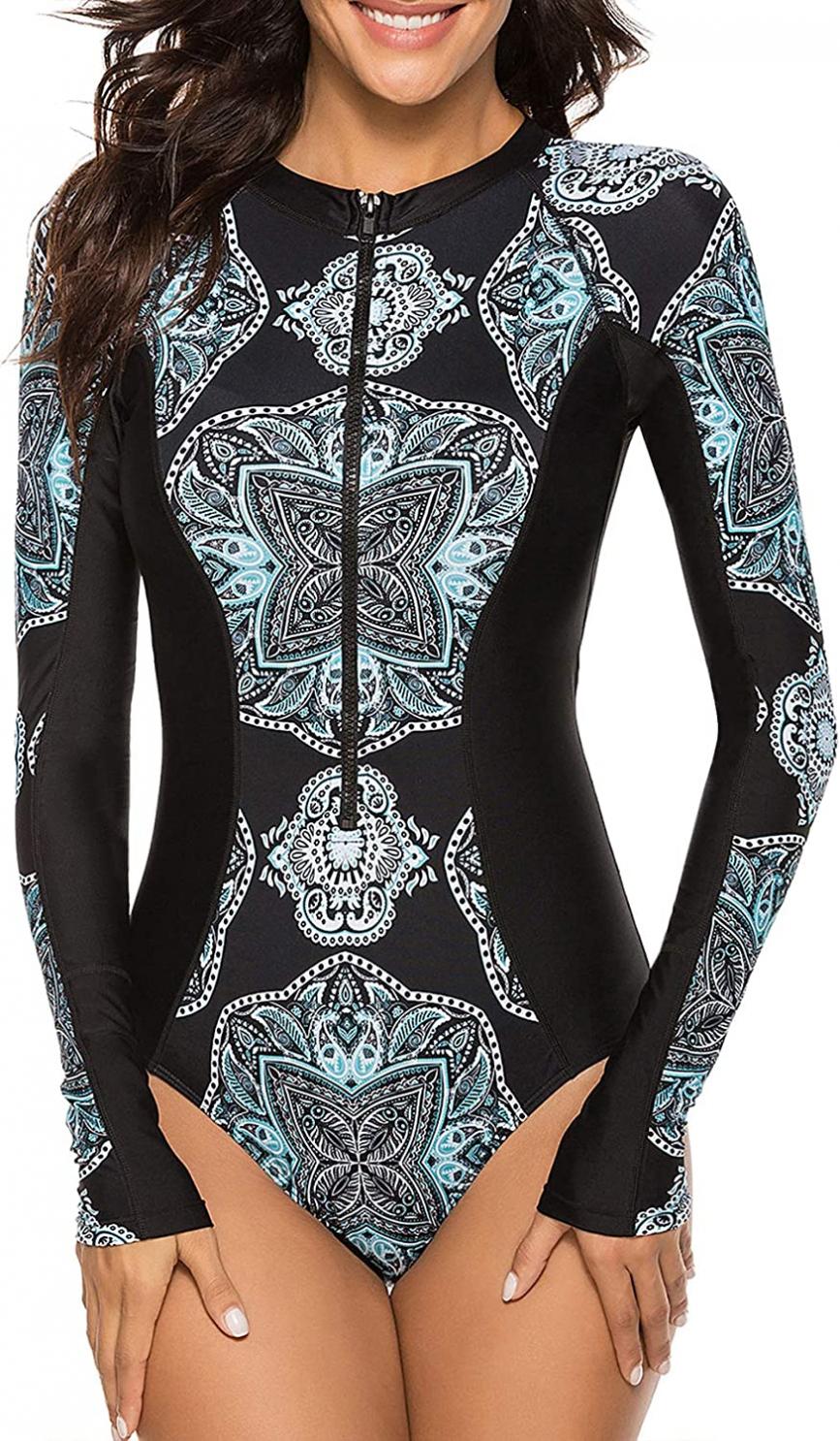 Womens Athletic One Piece Swimsuits Long Sleeve Swimsuit Sports Surfing Swimwear Bathing Suits
