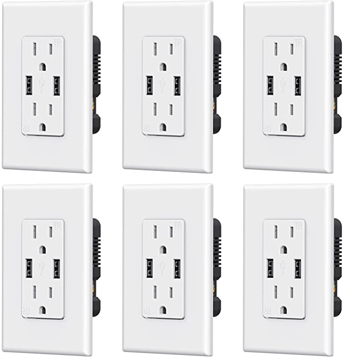 ELEGRP USB Charger Wall Outlet, Dual High Speed 4.0 Amp USB Ports with Smart Chip, 15 Amp Duplex Tamper Resistant Receptacle Plug, Wall Plate Included, UL Listed (6 Pack, Glossy White)