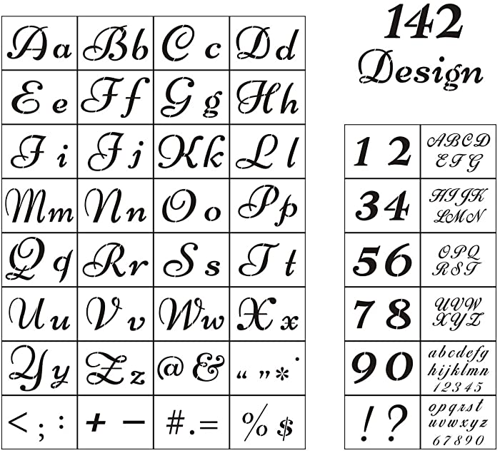 Letter Stencils for Painting on Wood - 44 Pack Alphabet Stencil Templates with Numbers and Signs, Reusable Plastic Stencils in 2 Fonts and 142 Designs for Wood Burning & Wall Art