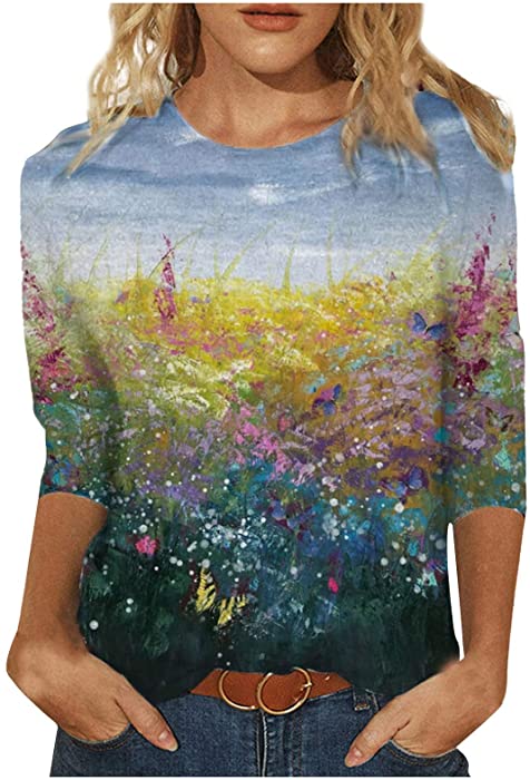 Women 3/4 Sleeve Tops Casual Tie Dye Graphic Tee Shirts Summer Crewneck Sweatshirt Loose Fit T Shirts Tunic Blouses