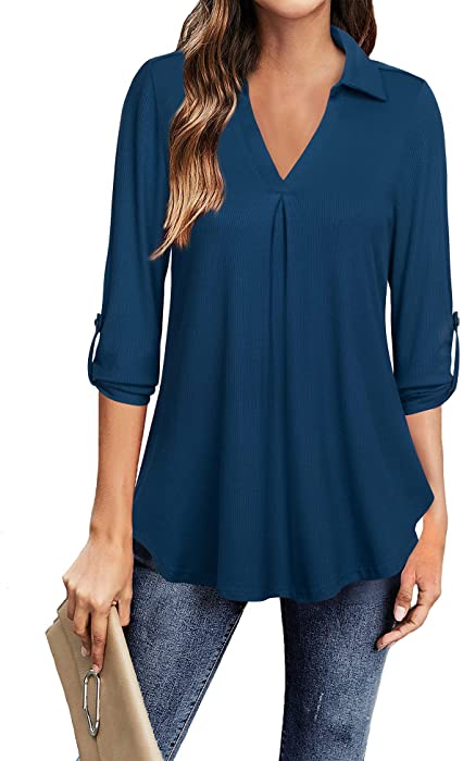Youtalia Women's Casual V Neck Blouse Cuffed Sleeve Loose Tunic Shirts Tops