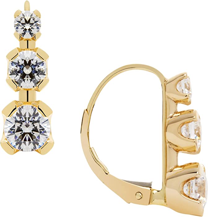 14K Solid Gold Earrings | Round Cut Leverback 3-Stone "Trilogy" Cubic Zirconia | Basket Setting | 1.90 CTW, Diamond Equivalent | With Gift Box