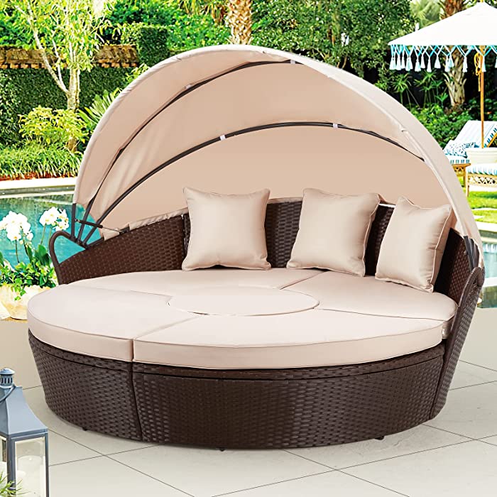 AECOJOY Patio Furniture Outdoor Round Daybed with Retractable Canopy and Washable Cushions Separated Seating Sectional Sofa for Patio Lawn Garden Backyard Porch Pool