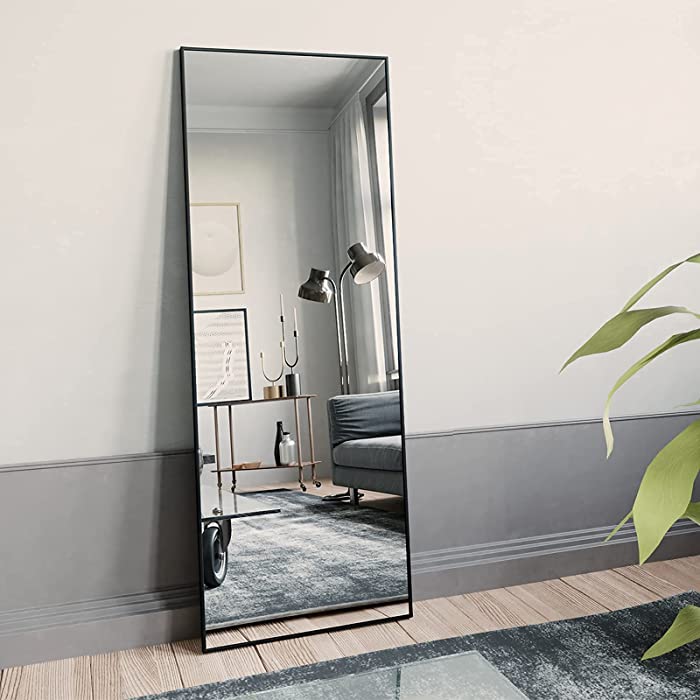BEAUTYPEAK Full Length Mirror 65"x22", Standing Hanging or Leaning Against Wall Rectangle Floor Mirrors Body Dressing Wall-Mounted for Living Room, Bedroom with Aluminum Alloy Thin Frame, Black