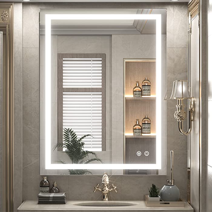 TETOTE LED Bathroom Mirror 36 x 28 Inch,White/Warm/Natural Lights,Dimmable,CRI90,IP54 Waterproof,Wall Mounted,Anti-Fog,Vanity Mirror(Horizontal/Vertical)