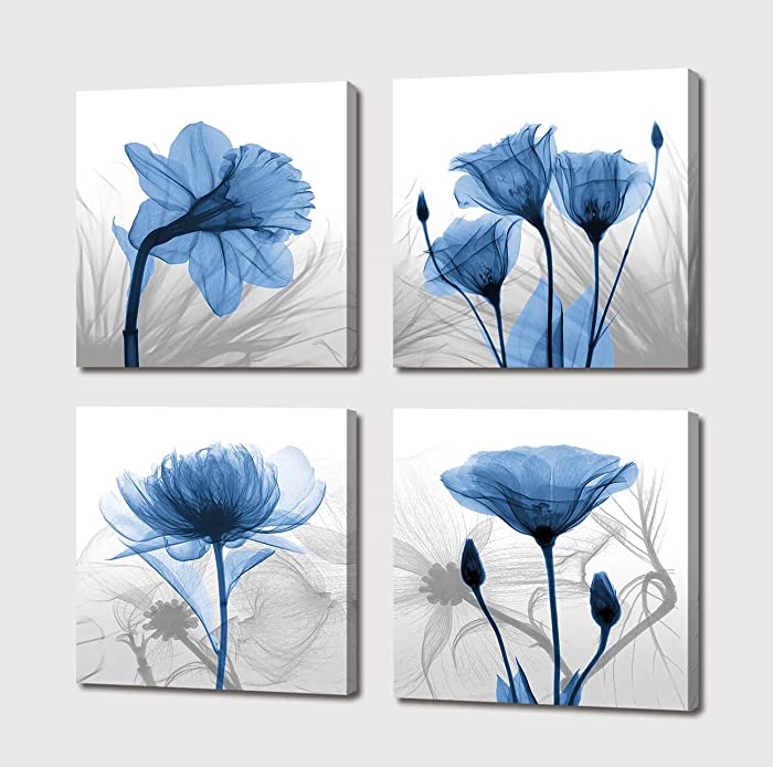 Wall Art for Living Room Wall Decor - 4 Panels Blue Elegant Tulip Flower Canvas Print Wall Art Painting Pictures for Bedroom Dining Room Bathroom Decor Modern Framed Artwork for Home Size: 12"X12"X4