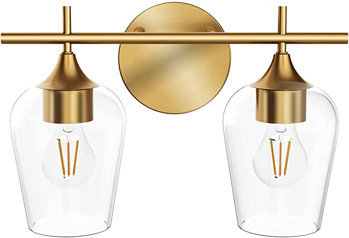 Hamilyeah Gold Bathroom Lighting Fixtures Over Mirror, 2 Light Vanity Lights with Champagne Glass Shade,Modern Wall Mount Light Fixture 2 Bulbs for Bedroom Kitchen Living Room Restroom UL Listed