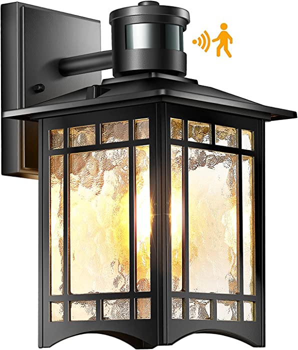 Motion Sensor Outdoor Lights Dusk to Dawn Lighting Waterproof Exterior Light Fixture Black 100% Anti-Rust Aluminum Wall Lantern with Water Ripple Glass for Porch Patio Garage Doorway Entryway Garden