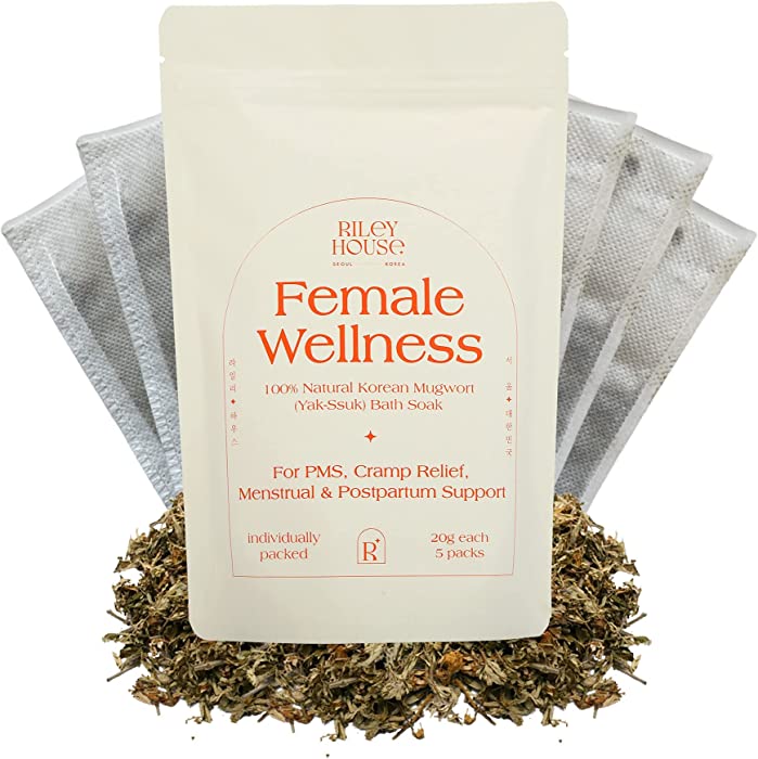 Riley House - Female Wellness Mugwort Bath Soak (4OZ, 5-10 Times) 100% Korean Natural Herbal Bath Soak- Therapeutic Bath & Yoni Steaming, Blood Flow, Relaxation, Menstrual and Postpartum Care