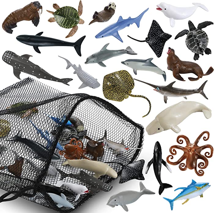 20 Pack Realistic Shark Toys Ocean Animals Toys with Mesh Bag Assorted Sea Animal Toys Including Shark, Whale, Dolphin Bath Toys for Ocean Life Party Decor Party Favors for Daughter and Son