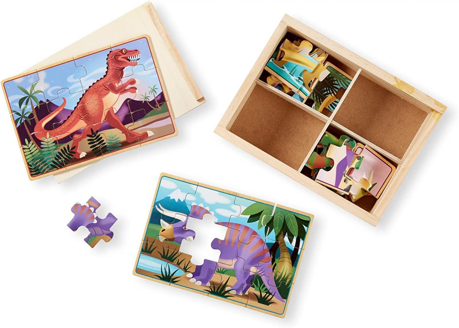 Melissa & Doug Dinosaurs 4-in-1 Wooden Jigsaw Puzzles in a Storage Box (48 pcs) - Kids Puzzle, Dinosaur Puzzles for Kids Ages 3+