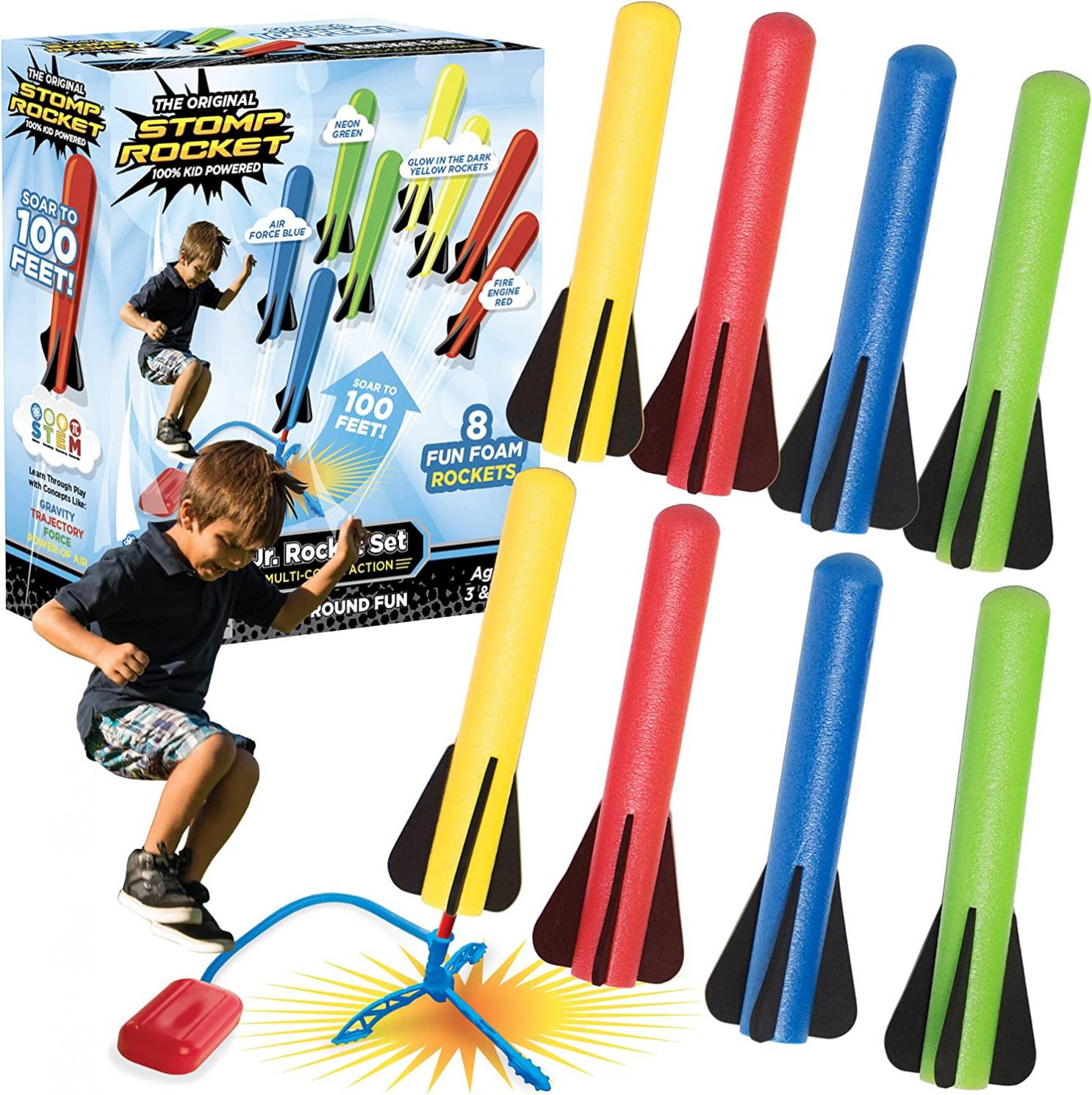 Stomp Rocket Original Jr. Rockets Launcher for Kids - Soars 100 Ft - 8 Multi Color Foam Rockets and 1 Adjustable Launcher Stand - Fun Outdoor or Indoor Toy and Gift for Boys or Girls Age 3+ Years Old