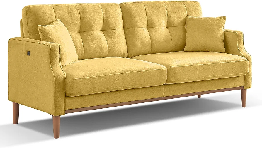 Voohek Loveseat Sofa, Yellow Modern Fabric 2 Pillows and USB Charge Port, Upholstered Waterproof Couch w/Golden Metal Legs for Living Room, Bedroom, Apartment, 2 Seaters
