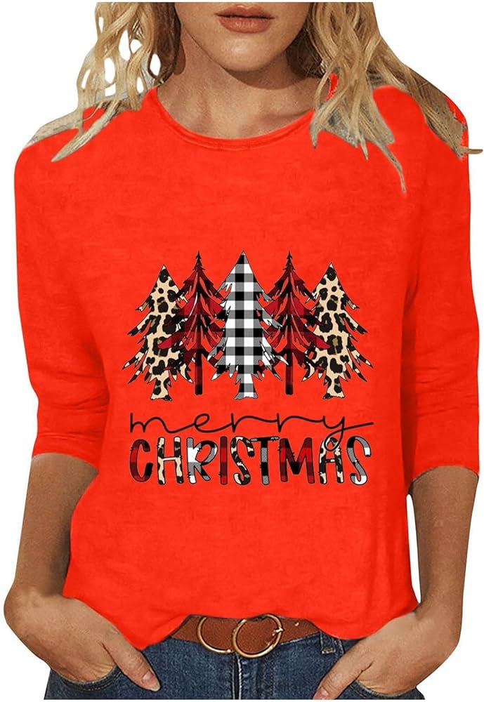 Womens Christmas Tops 2023 Plaid Leopard Pullover 3/4 Sleeve Crewneck Xmas Tree Graphic Tee Shirts Trendy Clothes