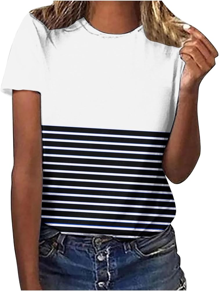 Womens Tops Summer Casual Short Sleeve Striped Print Shirts Trendy Crewneck Loose Comfy Tunics Blouses