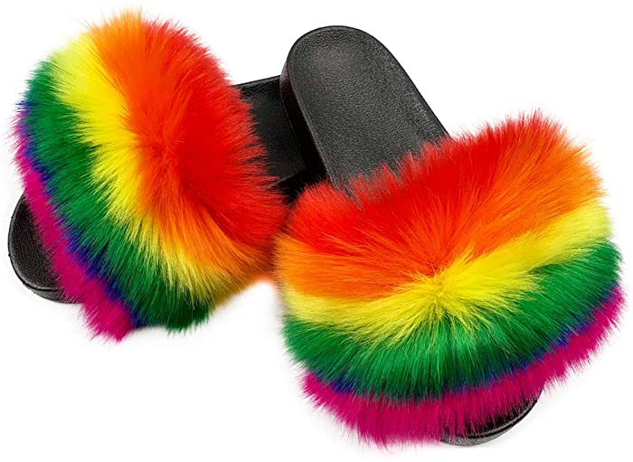 Jancoco Max Faux Fur Slides - Women's Fur Fluffy Slippers Furry Slides Summer Sandals Open Toe Indoor Outdoor Fuzzy Slides
