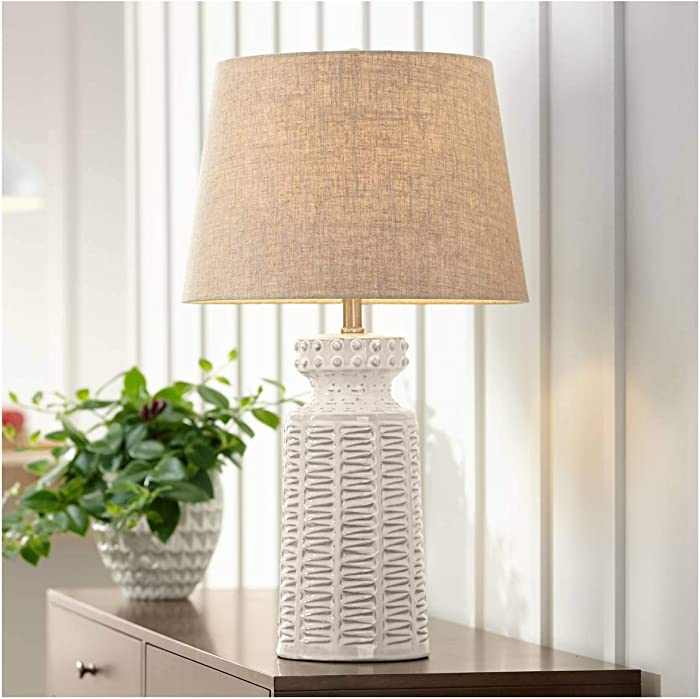 Helene Coastal Country Cottage Table Lamp Ceramic Rustic 26" High Cream White Glaze Linen Tapered Drum Shade Decor for Living Room Bedroom House Bedside Nightstand Home Office - 360 Lighting