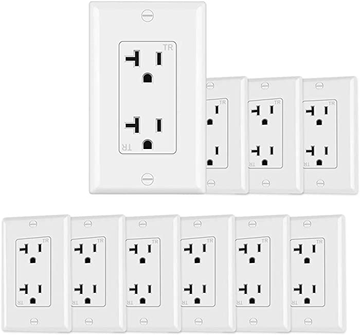Micmi Outlet Socket, Decora Duplex Receptacle, 20 Amp, 125 Volt, Tamper Resistant, Grounding UL listed White, (20A outlet with wallplates 10pack)