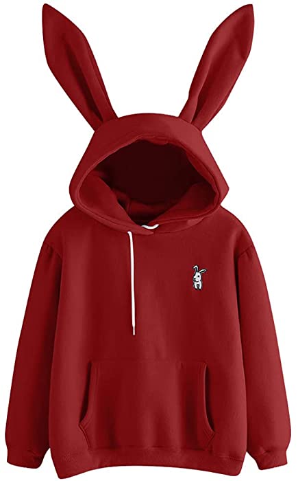 Cute Rabbit Hoodies for Women Solid Color Long Sleeve Tops Casual Loose Blouse Junior Girls with Ear Shirts