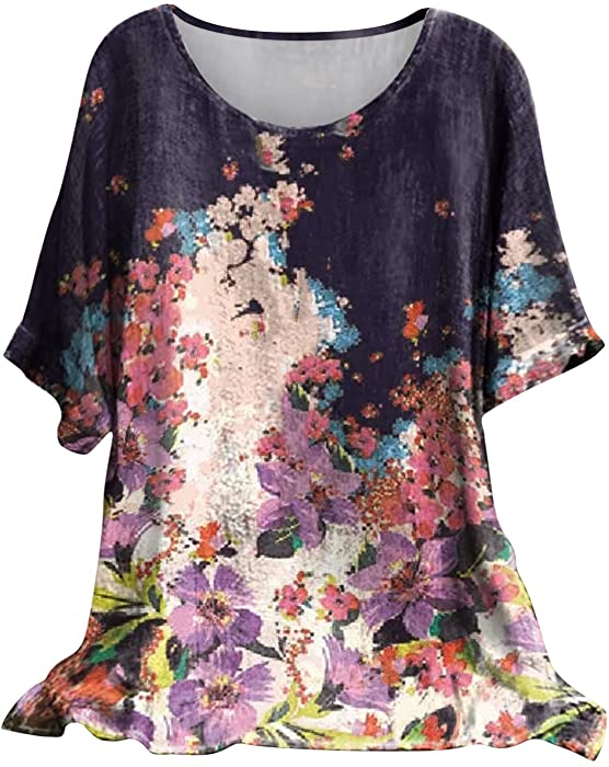 SNKSDGM Women's Casual Boho Cotton Linen Shirts Oversized Crewneck T Shirts Summer Floral Print Linen Tunic Tops Blouse Shirt