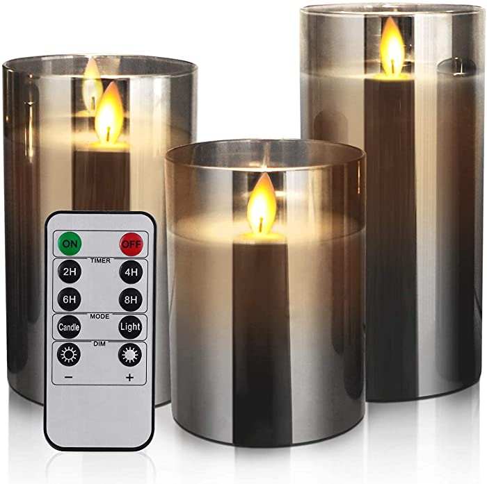 Flameless Led Candles Flickering, Yinuo Candle Real Wax Fake Wick Moving Flame Faux Wickless Pillar Battery Operated Candles with Timer Remote Glass Effect for Festival Wedding Home Party Decor