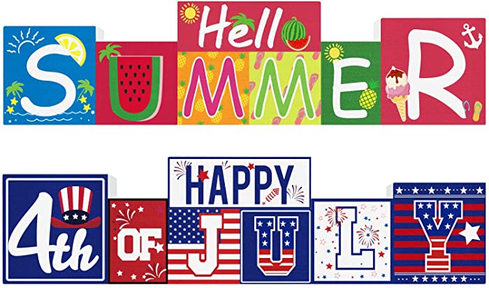 Hello Summer/4th of July Patriotic Decorations Wooden Sign (Reversible Table Decor) - Summer Theme & Fourth of July Independence Day Theme Farmhouse Table Decor for Home Party Office Tiered Tray Decor