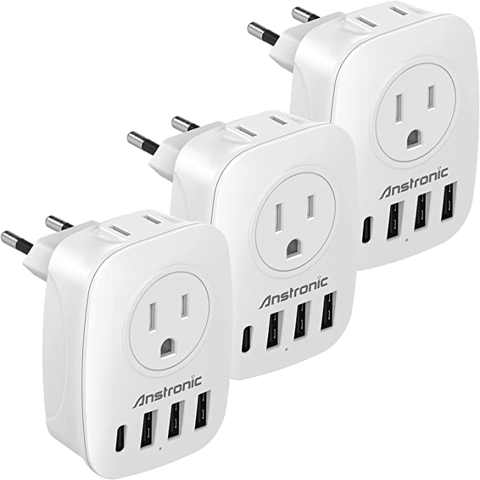 [3-Pack] European Plug Adapter, Anstronic International Travel Power Adapter with 2AC Outlets & 3USB-A & 1USB-C Charger from USA to Most of Europe EU Spain Germany France Italy Israel(Type C)