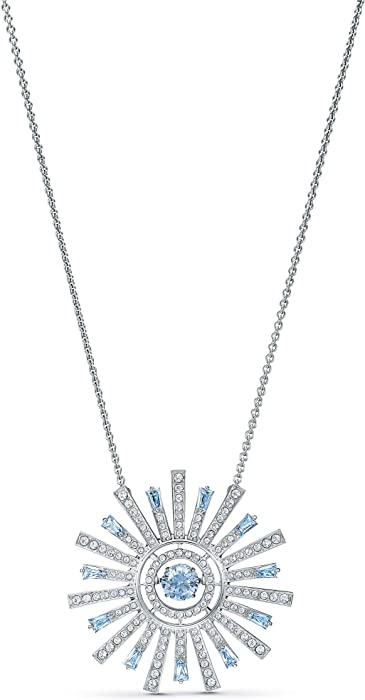 Swarovski Sunshine Collection Women's Pendant Necklace, Sun-Shaped Pendant with Blue and White Crystals on a Rhodium Plated Chain and Bolo Closure