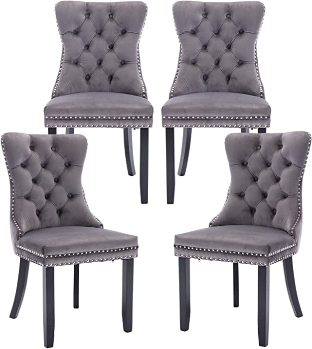 Kiztir Velvet Dining Chairs Set of 4, Upholstered Dining Chairs with Ring Pull Trim and Button Back, Luxury Tufted Dining Chair for Living Room, Bedroom, Kitchen (Gray)