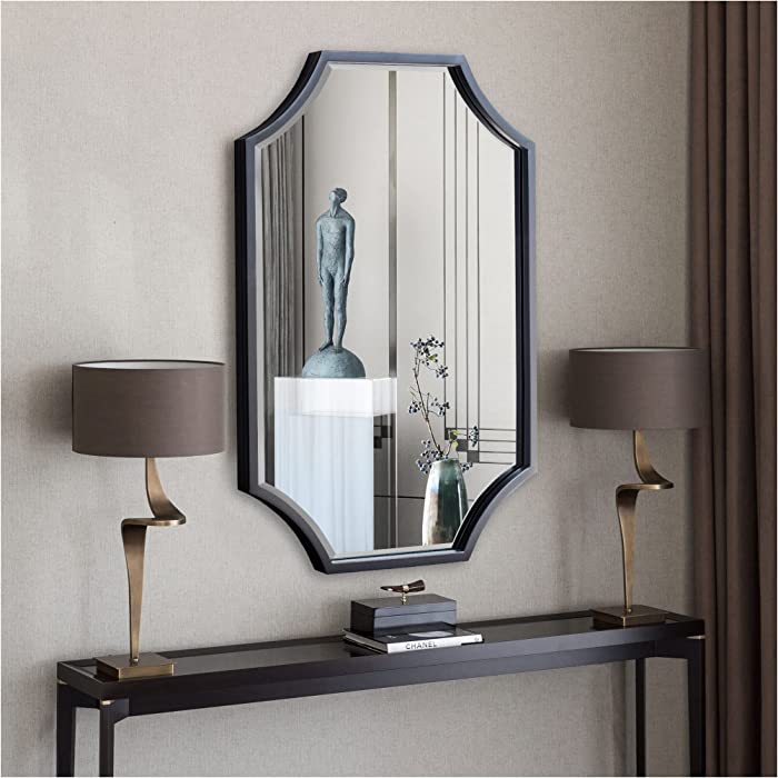 20"x28" Metal Black Wall Mirror, Kelly Miller Scalloped Mirror for Bathroom, Bedroom, Living Room, Entryway & Hallway