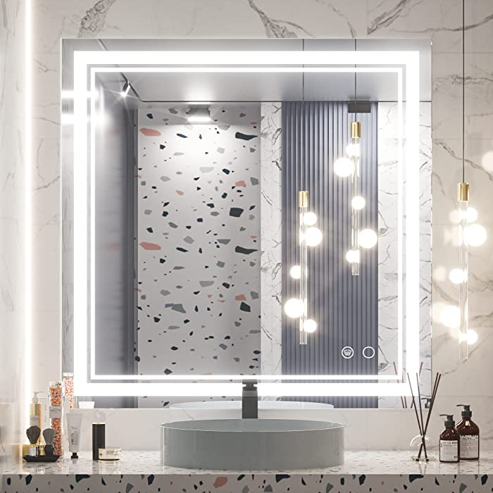 Keonjinn 36 x 36 Inch LED Bathroom Mirror LED Vanity Mirror with Lights, Wall Mounted Anti-Fog Memory Dimmable Front Light Makeup Mirrors, IP54 Waterproof & Splash-Proof Glass(Horizontal or Vertical)
