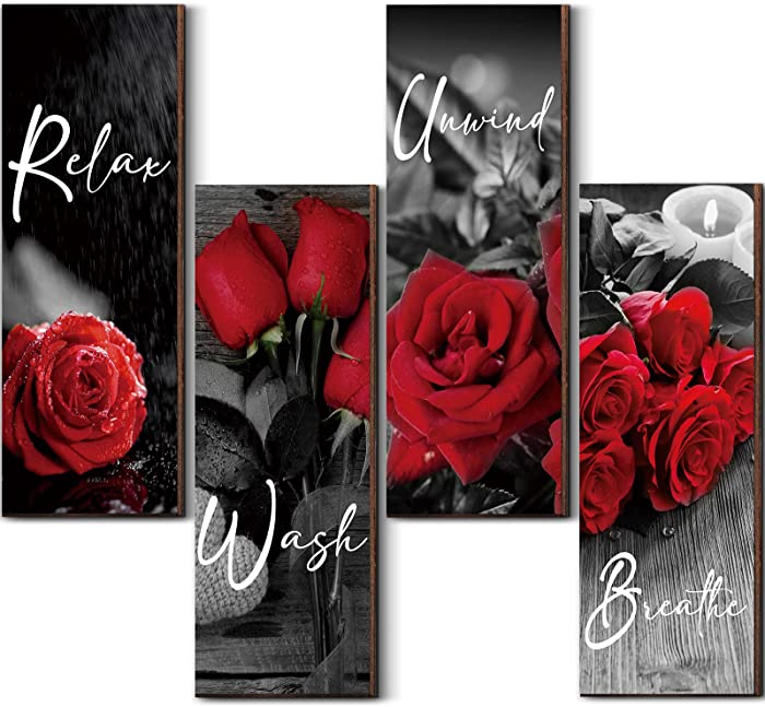 Set of 4 Rose Bathroom Wall Art Wooden Flower Restroom Decor Rustic Romantic Floral Farmhouse Bathroom Wall Decor Modern Breathe Wash Unwind Relax Sign for Living Room Home Decor, 10 x 4 Inch (Red)