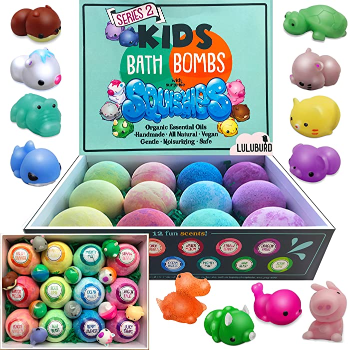 Bath Bombs for Kids, Kids Bath Bomb Surprise Squishy Toys Inside, Bubble Bath Color Fizzies, Natural, Kid Safe, Handmade w Essential Oils, Set of 12 in a Gift Box, Birthday Gift for Girls & Boys