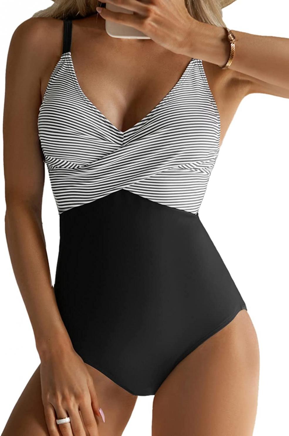 B2prity Women's One Piece Swimsuits Tummy Control Front Cross Bathing Suits Slimming Swimsuit V Neck Swimwear Monokini