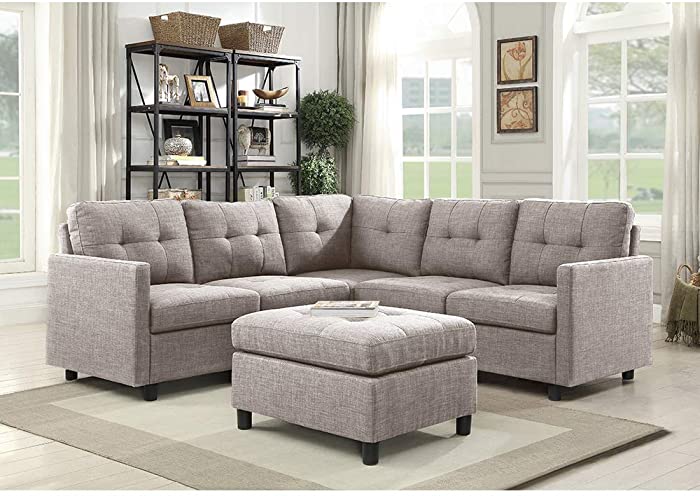 Convertible Sectional Sofa 5 Seater L-Shape Modular Modern Fabric Corner Couch with Ottoman for Living Room, Tan