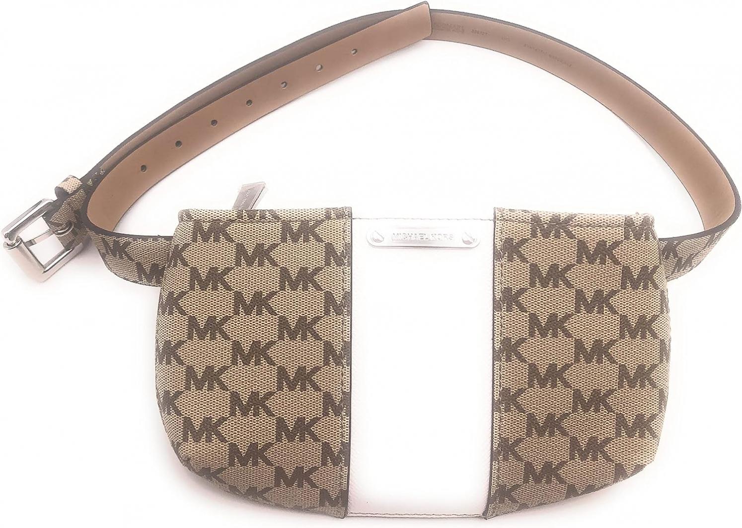 Michael Kors 556137C Brown/Khaki/White Logo Design With Silver Hardware Women's Adjustable Belt Bag Waist Pack (L/XL)