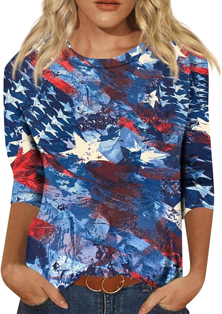 Womens 4th of July Shirt 2024 3/4 Sleeve Stars Stripes Print Tops