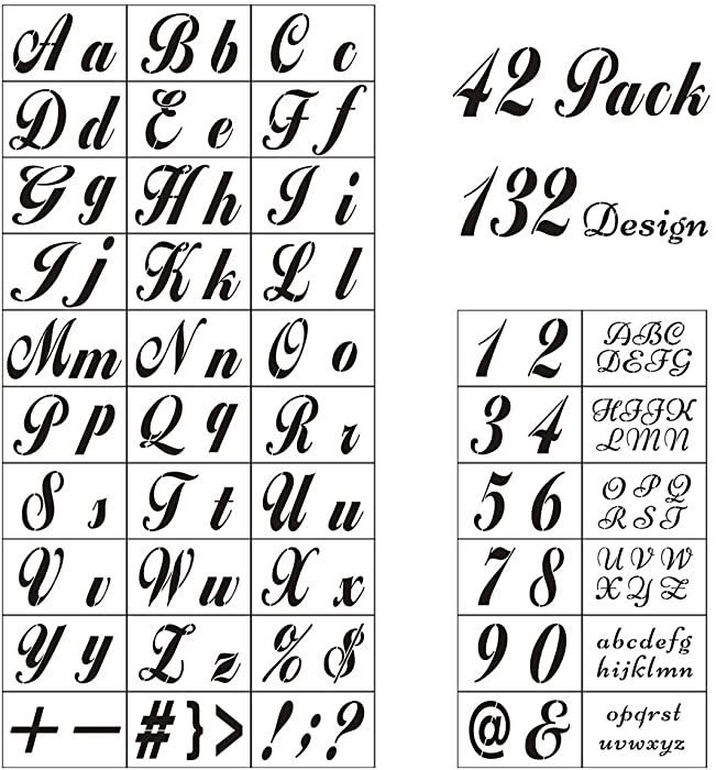 Letter Stencils for Painting on Wood - 42 Pack Alphabet Stencil Templates with Numbers and Signs, Large Reusable Plastic Stencils in 2 Fonts and 132 Designs for Wood Burning & Wall Art