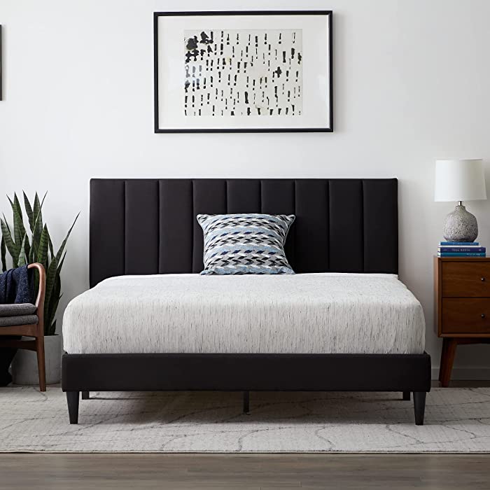Lucid Upholstered Platform Bed with Channel Tufted Headboard-Sturdy Wood-No Box Spring Required