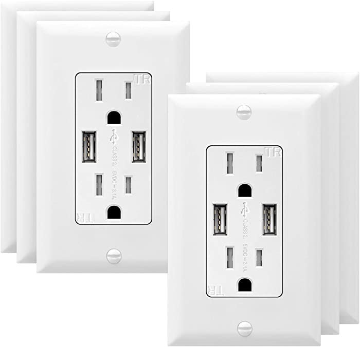TOPGREENER 3.6A USB Wall Outlet Charger, 15A Tamper-Resistant Receptacles, Compatible with iPhone SE/11/XS/XR/X/8, Samsung Galaxy S20/S10/S9/Note, LG, HTC & More, UL Listed, TU2153A, White 6 Pack