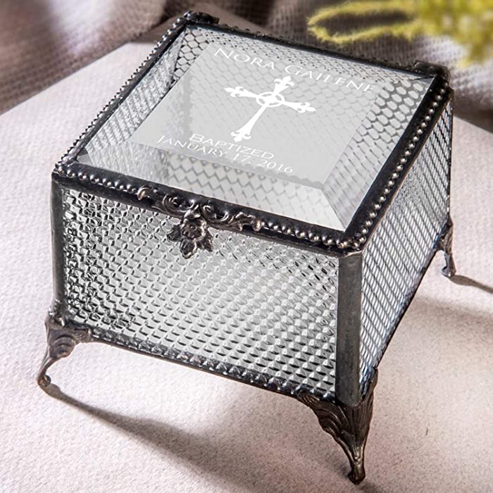 Baptism Gift for Girls Personalized Keepsake Box Engraved Clear Glass Jewelry J Devlin Box 825 EB222