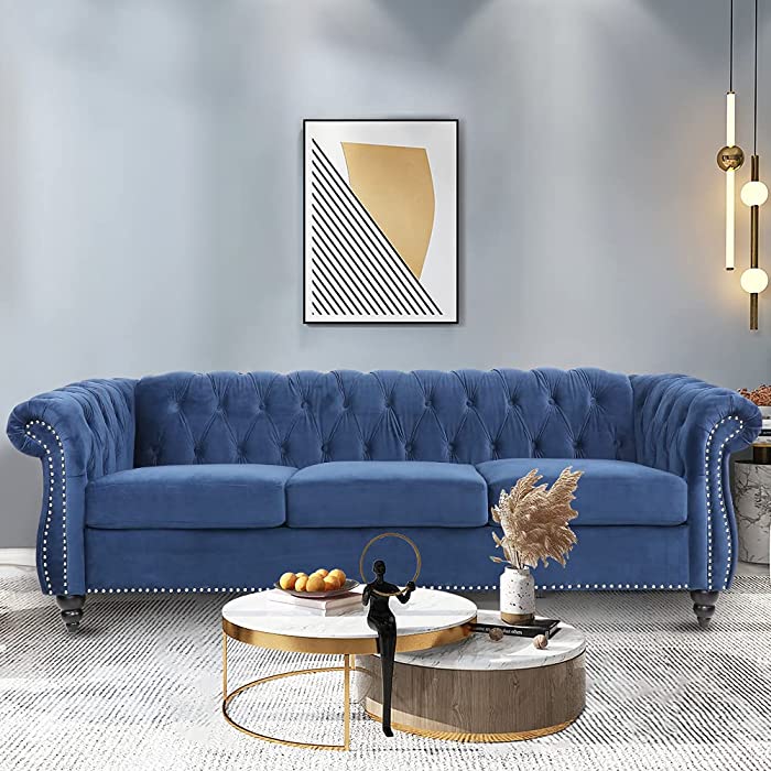 Large Sofa, Modern 3 Seater Couch Furniture, Three-seat Sofa Classic Tufted Chesterfield Settee Sofa Tufted Back for Living Room (Blue)