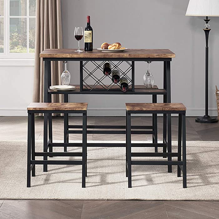 O&K FURNITURE 4-Piece Counter Height Dining Room Table Set, Bar Table with One Bench and Two Stools, Industrial Table with Wine Rack for Kitchen Counter, Small Space Table and Chairs Set, Rustic Brown
