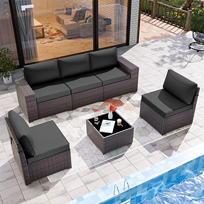Delnavik Patio Furniture Set Sofa 6-Piece Wicker Sectional Sofa Set, Outdoor Furniture Rattan Patio Conversation Set with Thickened Cushions and Glass Coffee Table, Black