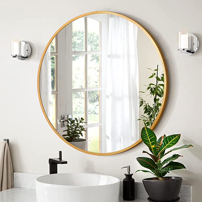 A.T.Lums Gold Round Mirror 24 Inch, Round Bathroom Mirror with Metal Frame, Wall Mounted Circle Mirror for Bathroom, Entryway, Living Room